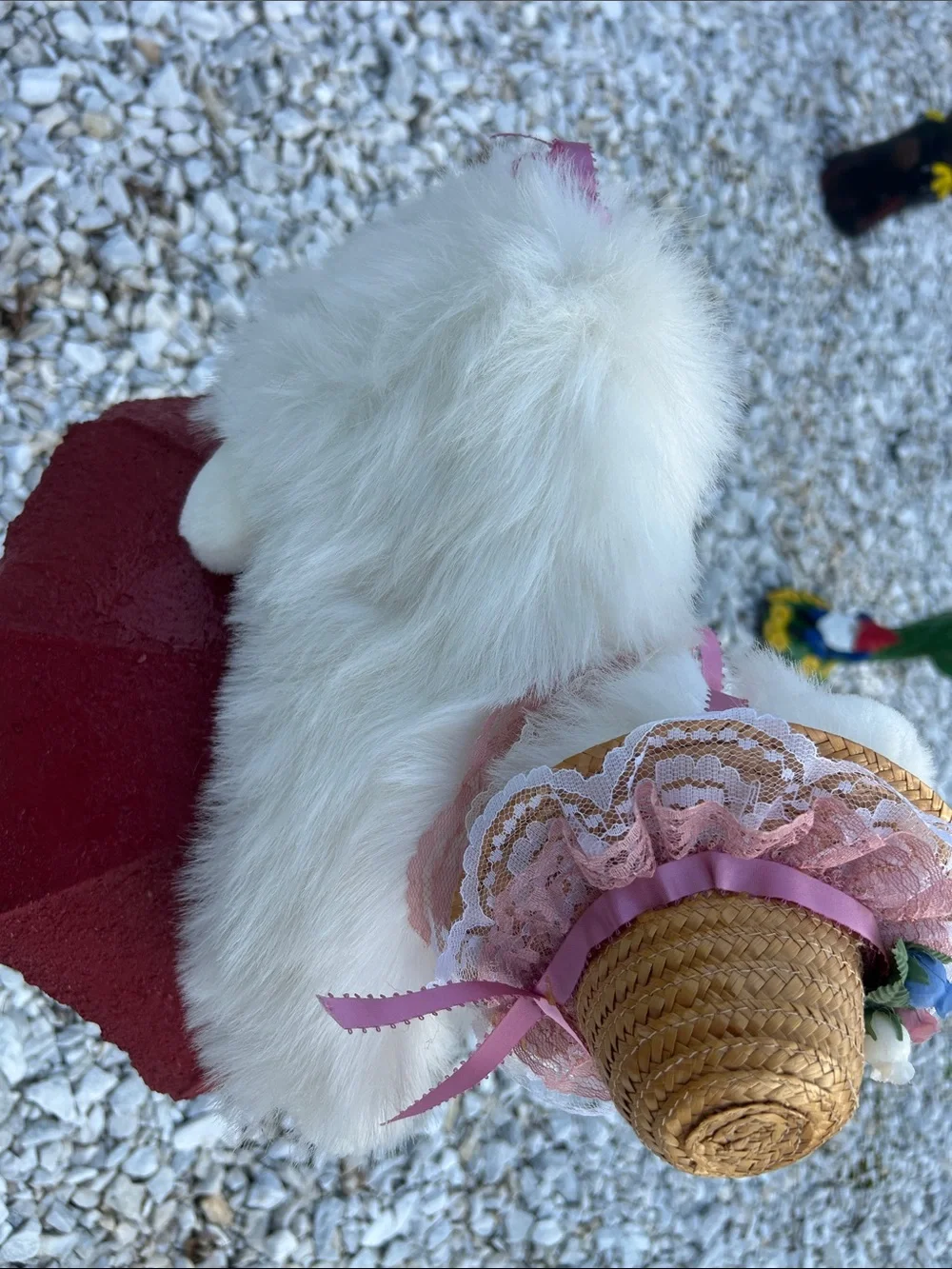White Plush Cat Toy with Pink Ribbon and Floral Hat